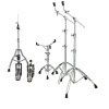 Lighting and drum hardware stands for stage performances.
