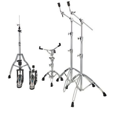 Lighting and drum hardware stands for stage performances.