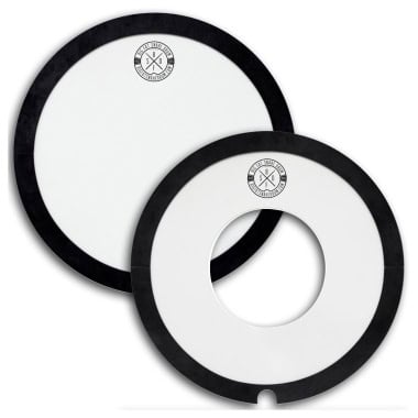 Pair of snare drum heads with black rims and white surfaces for drumming.