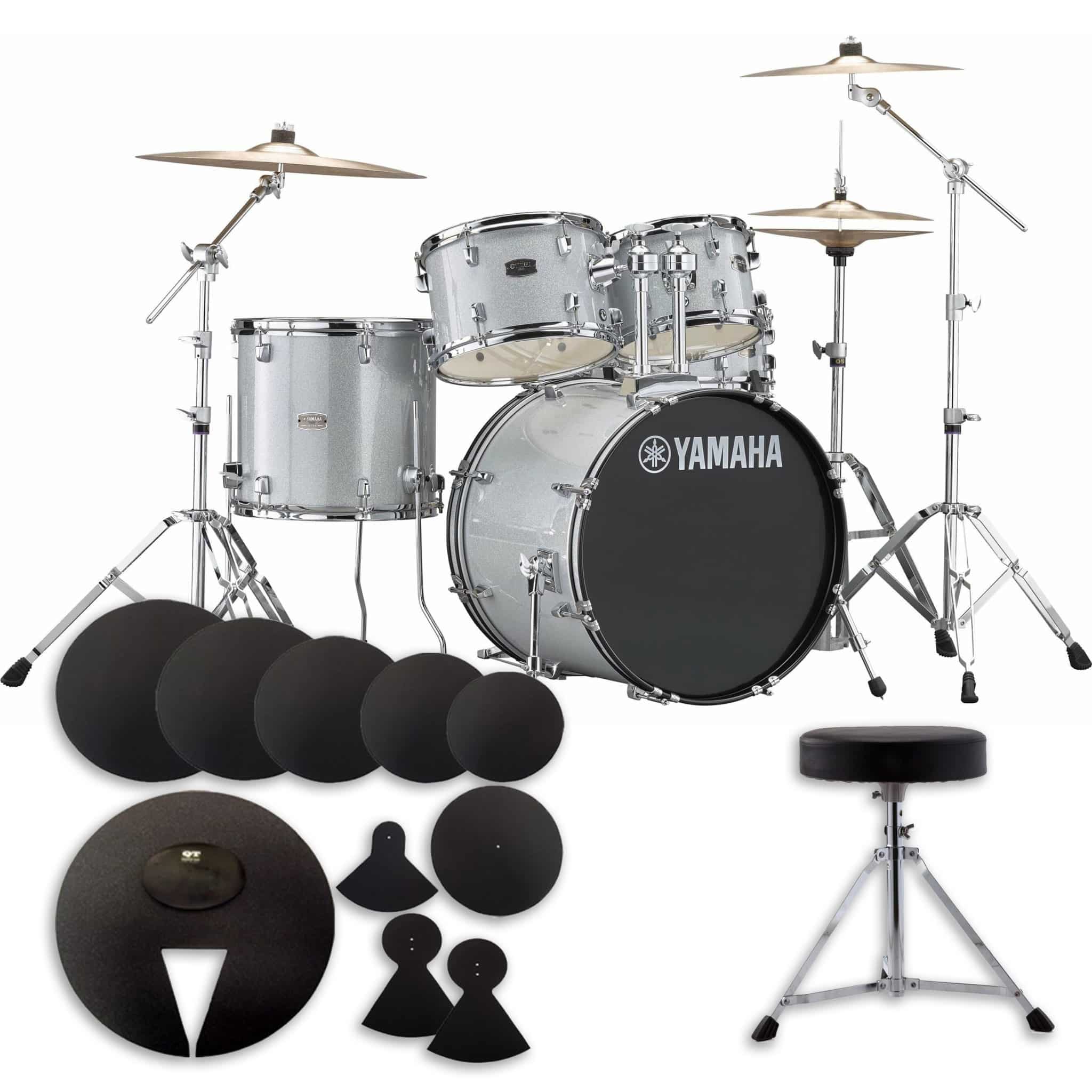 Yamaha Rydeen 20in 5pc Drum Kit BUNDLE – Silver Glitter With Cymbals, QT Silencer Set & Throne 11