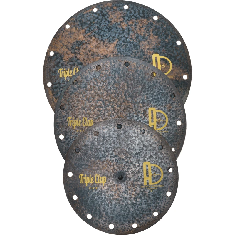 Rusted Triple Clap cymbals for drummers, vintage percussion accessories.