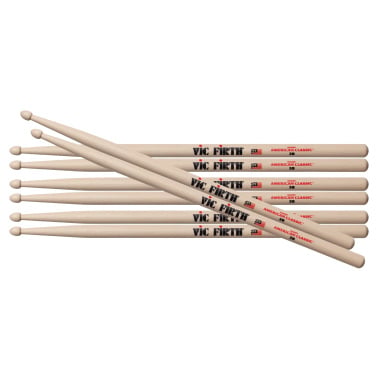 Set of Vic Firth 2B Hickory drumsticks for drummers.