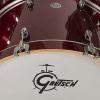 Close-up of Gretsch Catalina Club drum kit with dark cherry sparkle finish.
