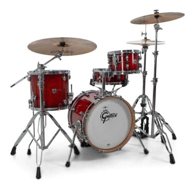 Red Gretsch Catalina Club Micro drum kit with cymbals and hardware.