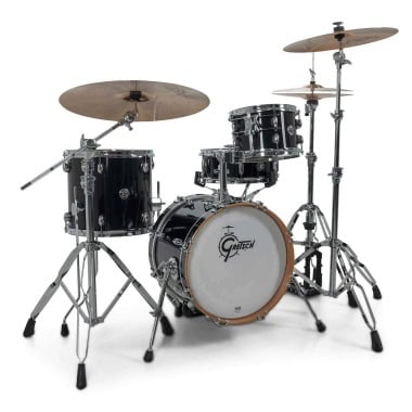 Black Gretsch Catalina Club Micro drum kit with cymbals and hardware.