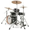 Black drum kit with cymbals and hardware for drumming.