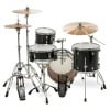 Black drum kit with cymbals and hardware for drumming performances.