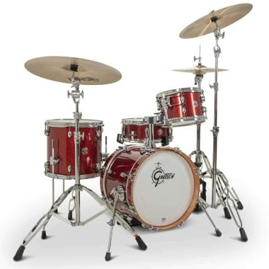 Red Gretsch Catalina Club Micro drum kit with cymbals and hardware.