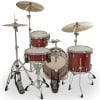 Red drum kit with cymbals and hardware for drumming.