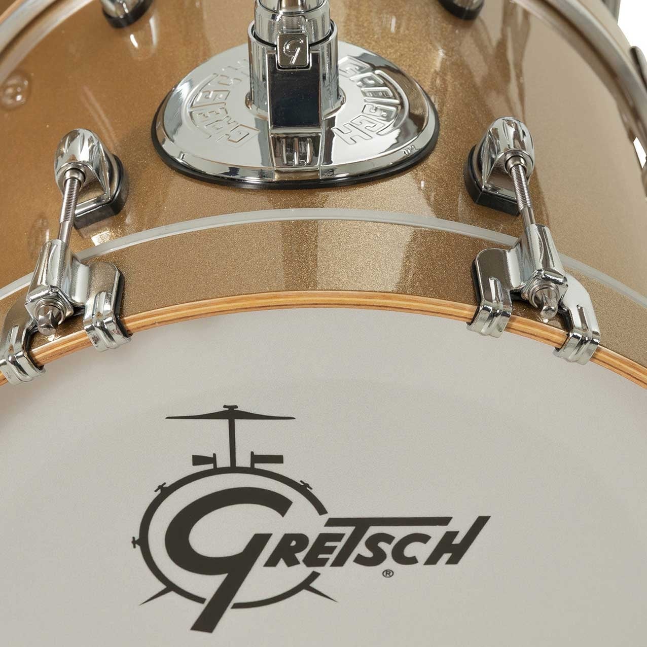 Close-up of Gretsch Catalina Club Micro drum kit with Sahara Sparkle finish.