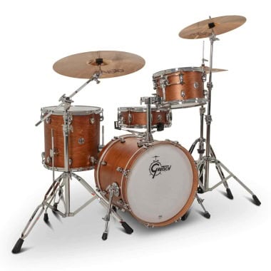 Jazz drum kit with wooden shells and cymbals for drumming performance.