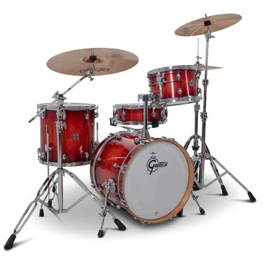 Red Gretsch Catalina jazz drum kit with cymbals and hardware.