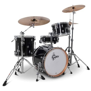 Black Gretsch Catalina jazz drum kit with cymbals and hardware.