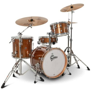 Jazz drum kit with brown finish and cymbals for drumming enthusiasts.