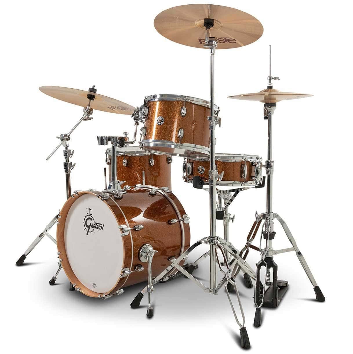 Jazz drum kit with bronze sparkle finish and cymbals.