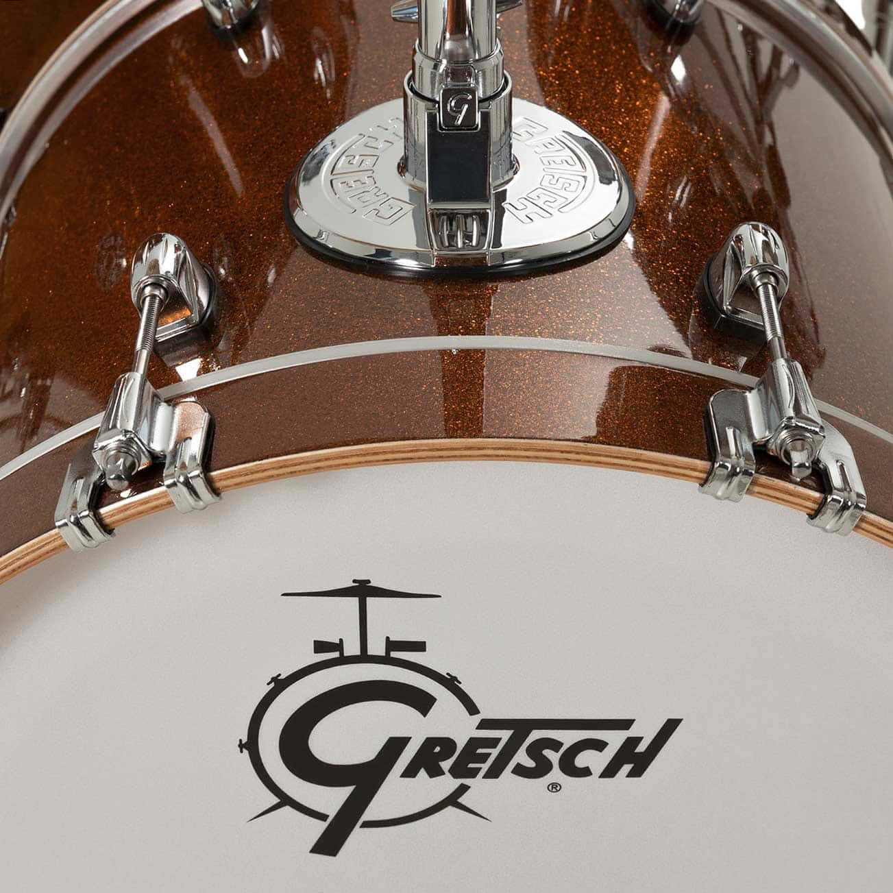 Close-up of Gretsch Catalina Jazz drum with bronze sparkle finish.