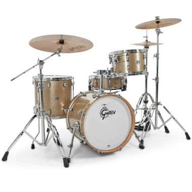 Gretsch Catalina Jazz drum set in yellow satin flame finish.