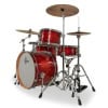 Red drum kit with cymbals and hardware for drumming performances.