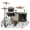 Black drum kit with cymbals and hardware for drummers.