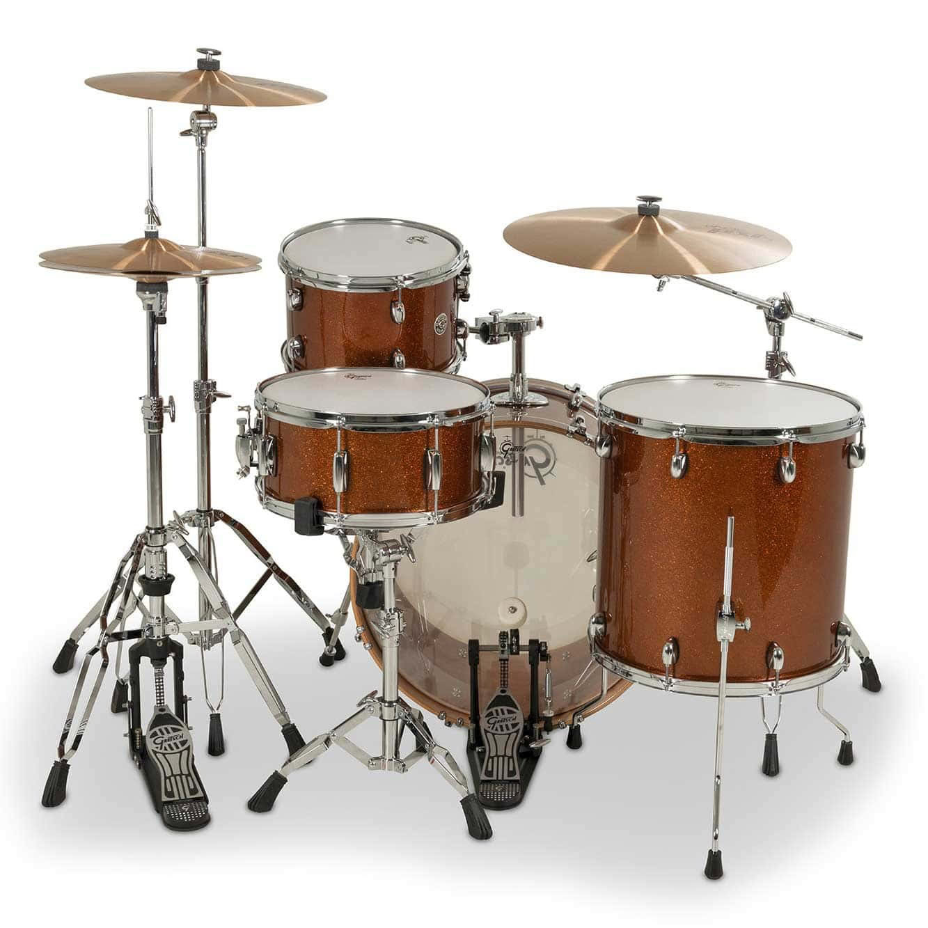 Full drum kit with cymbals and hardware for drumming performances.