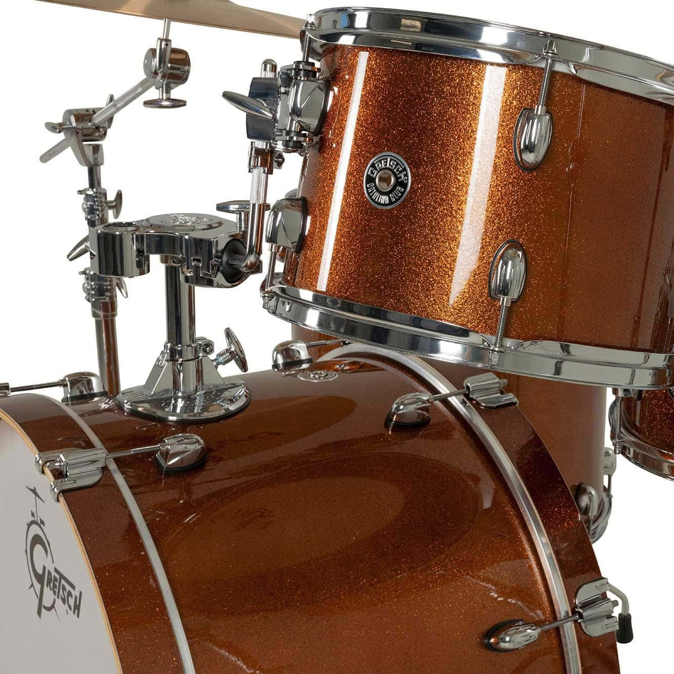 Bronze sparkle Gretsch Catalina Club drum kit with hardware and cymbals.