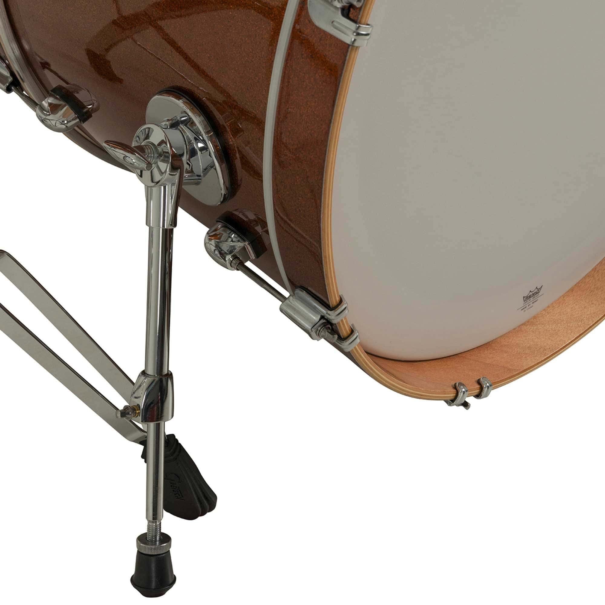 Close-up of a Gretsch Catalina Club drum shell with bronze sparkle finish.