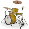 Yellow satin flame drum kit with cymbals and hardware for drummers.