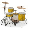Yellow satin flame drum kit with cymbals and hardware for drummers.