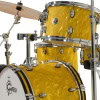 Yellow satin flame drum kit with chrome hardware and cymbals.
