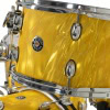 Close-up of yellow satin flame drum shell with chrome hardware.