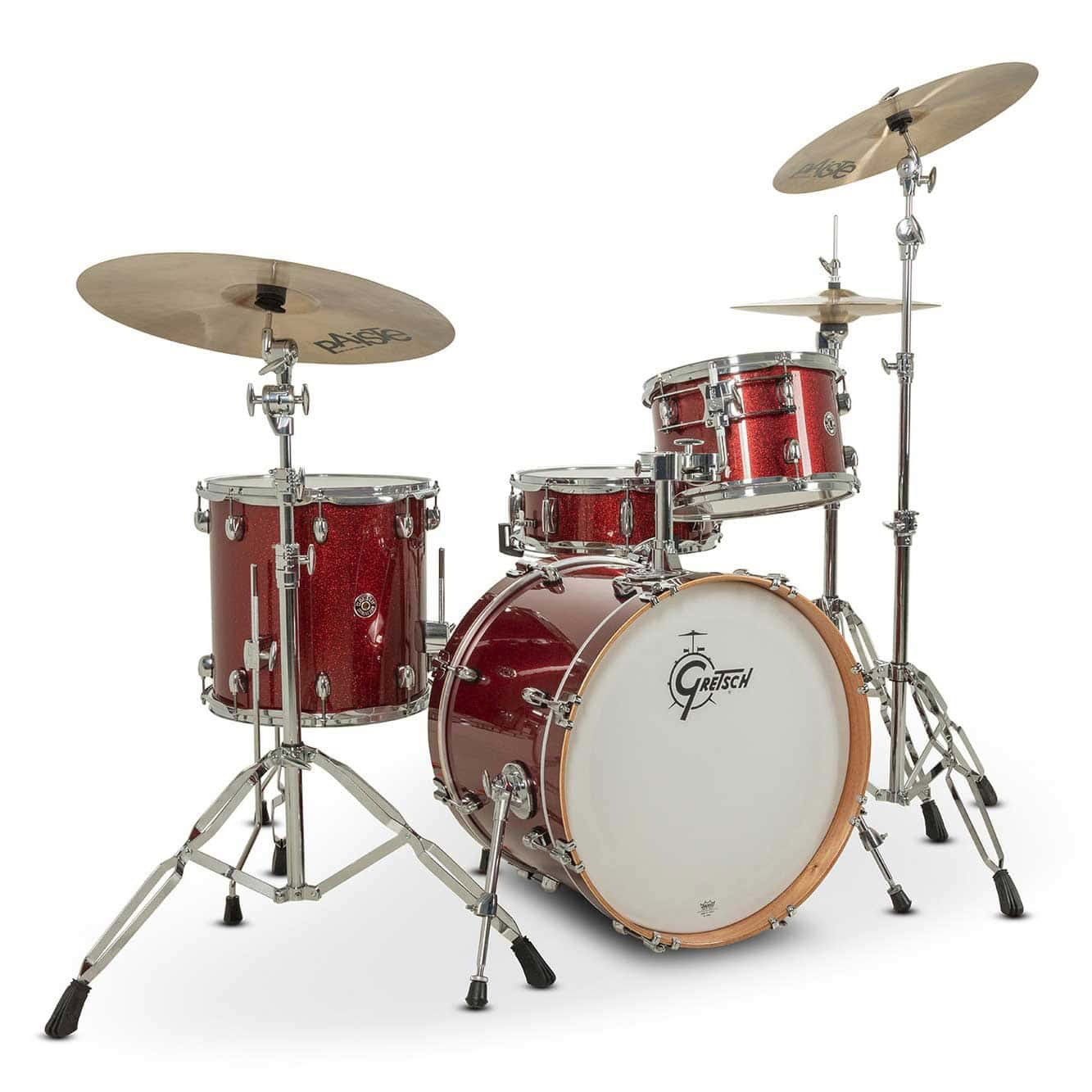 Red Gretsch Catalina Club drum kit with cymbals and hardware.