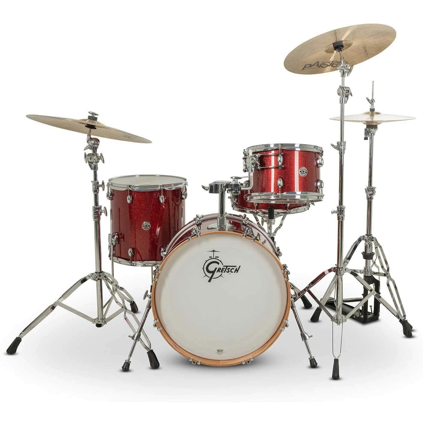 Red Gretsch Catalina Club drum kit with cymbals and hardware.