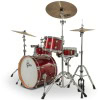 Red drum kit with cymbals and hardware for drumming performances.