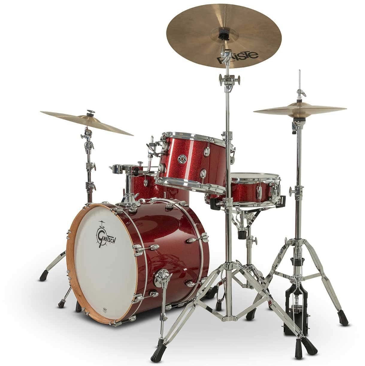 Red drum kit with cymbals and hardware for drumming performances.