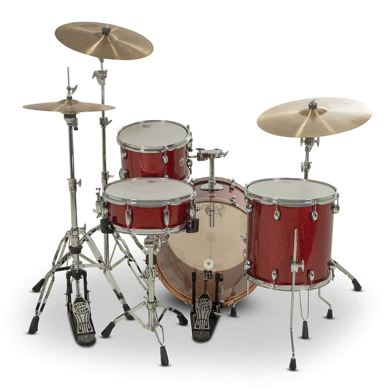 Red drum kit with cymbals and hardware for drumming.