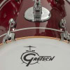 Close-up of Gretsch Catalina Club drum with dark cherry sparkle finish.