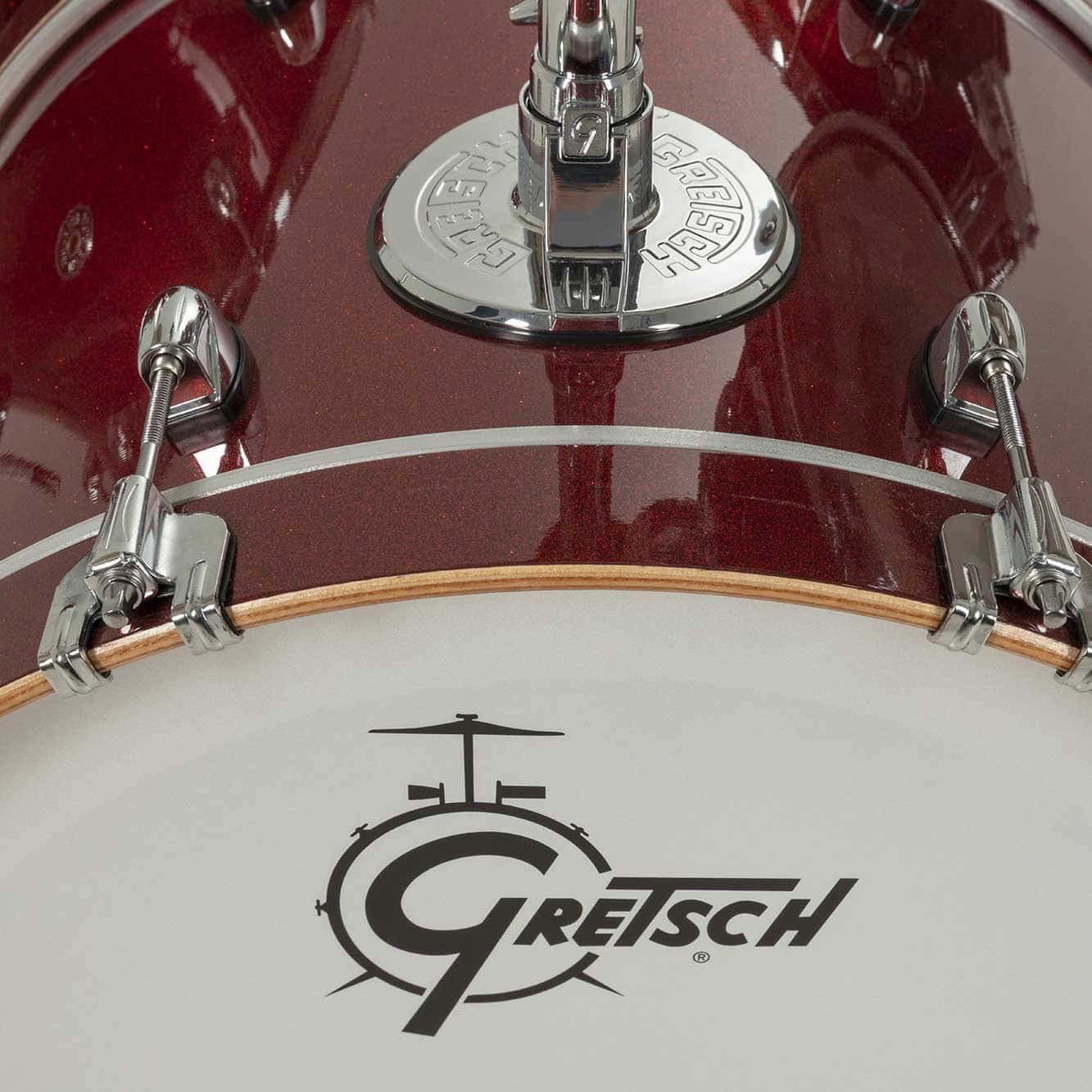 Close-up of Gretsch Catalina Club drum with dark cherry sparkle finish.