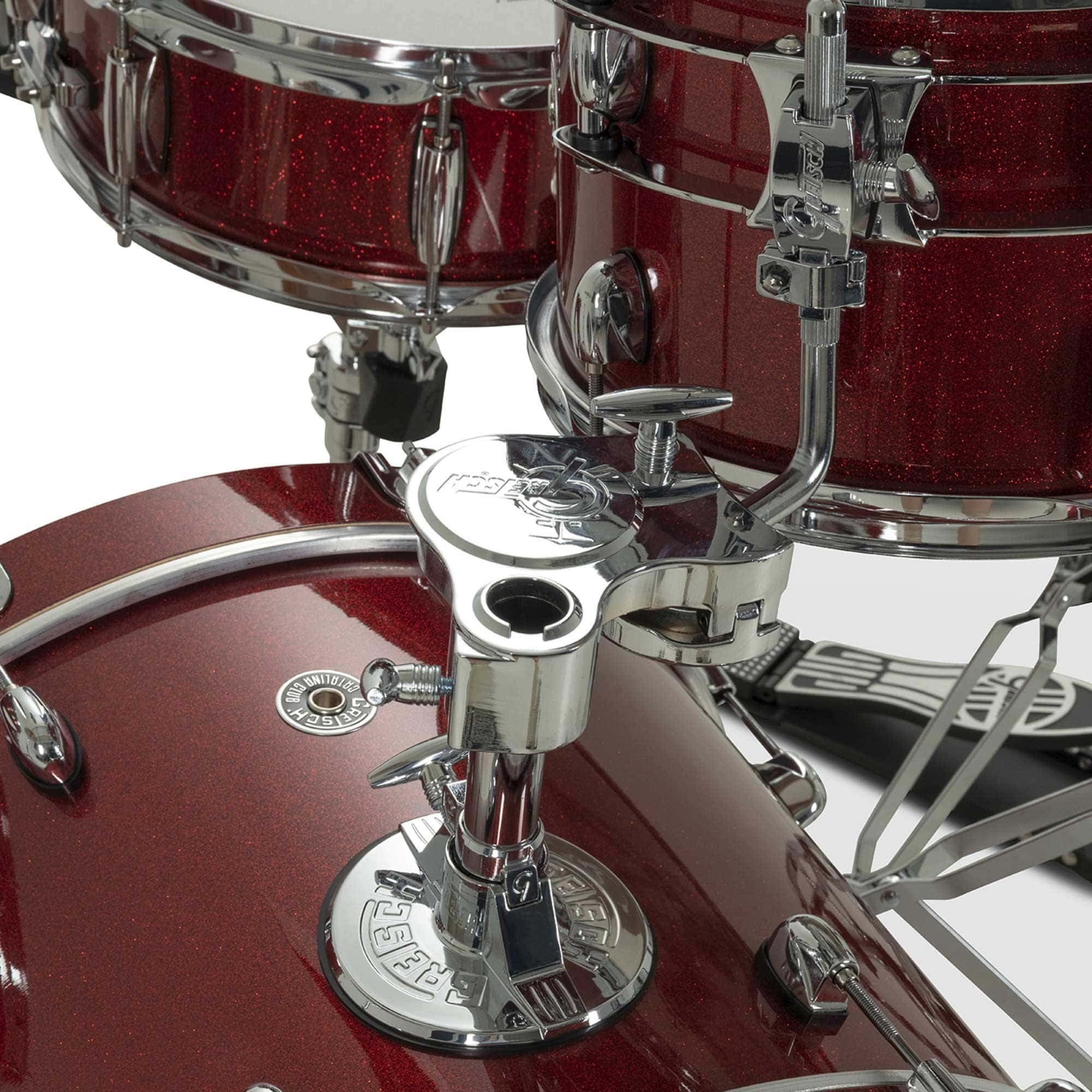 Close-up of a red sparkle drum shell pack with hardware details.