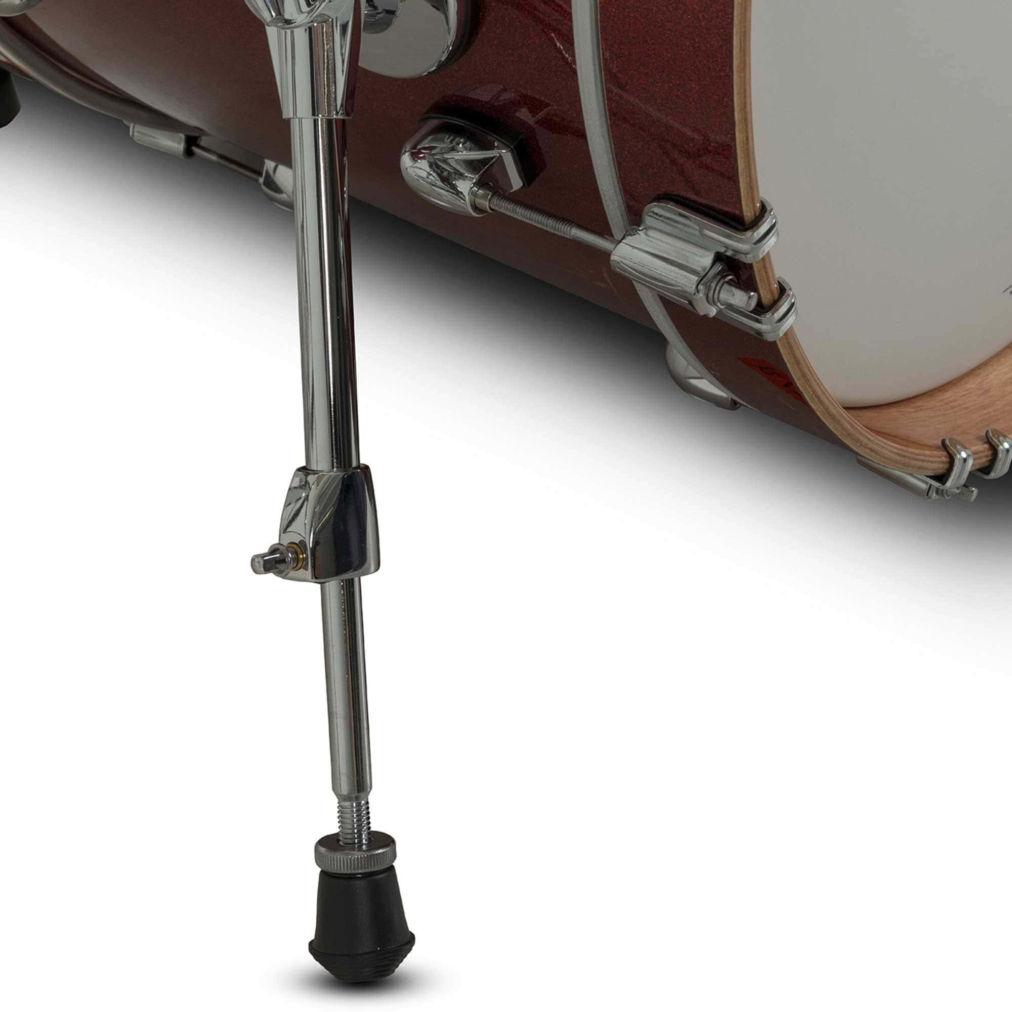 Close-up of drum stand and shell with Dark Cherry Sparkle finish.