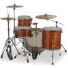 Wooden drum kit with cymbals and hardware for drumming.