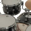 Black drum kit with chrome hardware and natural wood finish cymbals.