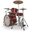 Red drum kit with cymbals and hardware on a white background.