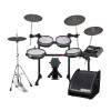 Electronic drum kit with mesh heads and monitor amplifier for professional drumming.