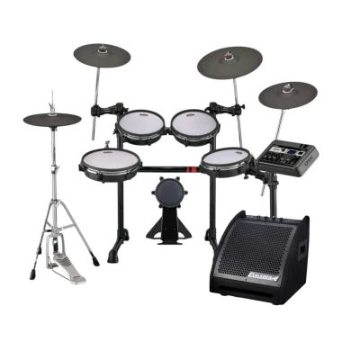 Electronic drum kit with mesh heads and monitor amplifier for professional drumming.