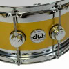 Snare drum with gold lacquer finish, chrome hardware, and DW logo. Perfect for professional drummers.