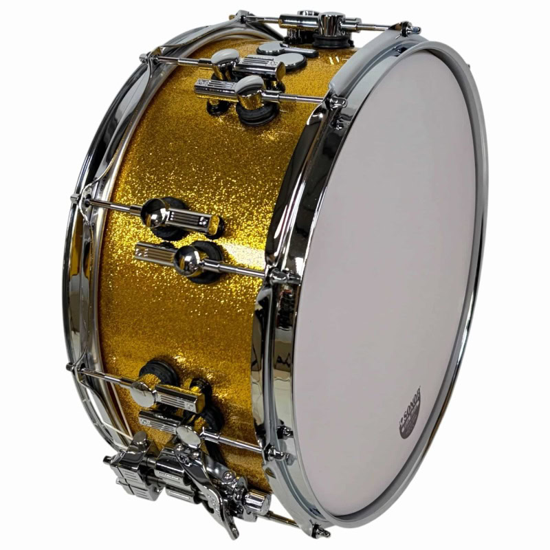 Snare drum from Sonor SQ2 series with a striking gold sparkle finish. Perfect for professional drumm.