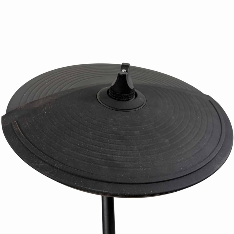 Cymbal pad with mounting holder and clamp, ideal for electronic drum kits and percussion setups.