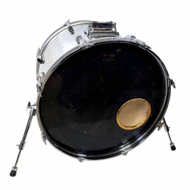 Bass drum with stand, part of drum kit, close-up shot for drumming enthusiasts.