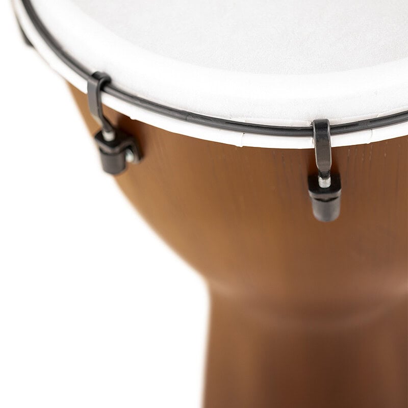 Conga drum with white drumhead, black hardware, and wooden body, ideal for percussionists and drummi.