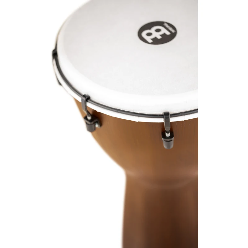 Conga drum with white drumhead, black hardware, and wooden body, ideal for percussionists and drummi.
